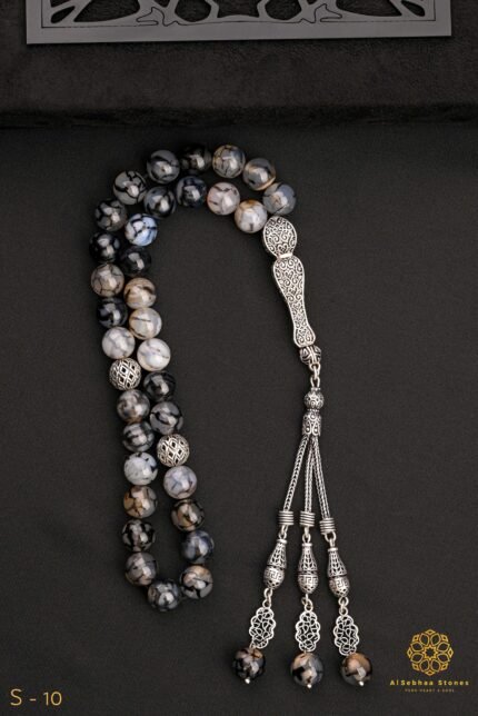 Ottoman rosary for agate lovers, a rosary made of 33 beads made of pure tree agate stone (Agate), size 10 mm , inlaid with Turkish silver . Caliber 925.