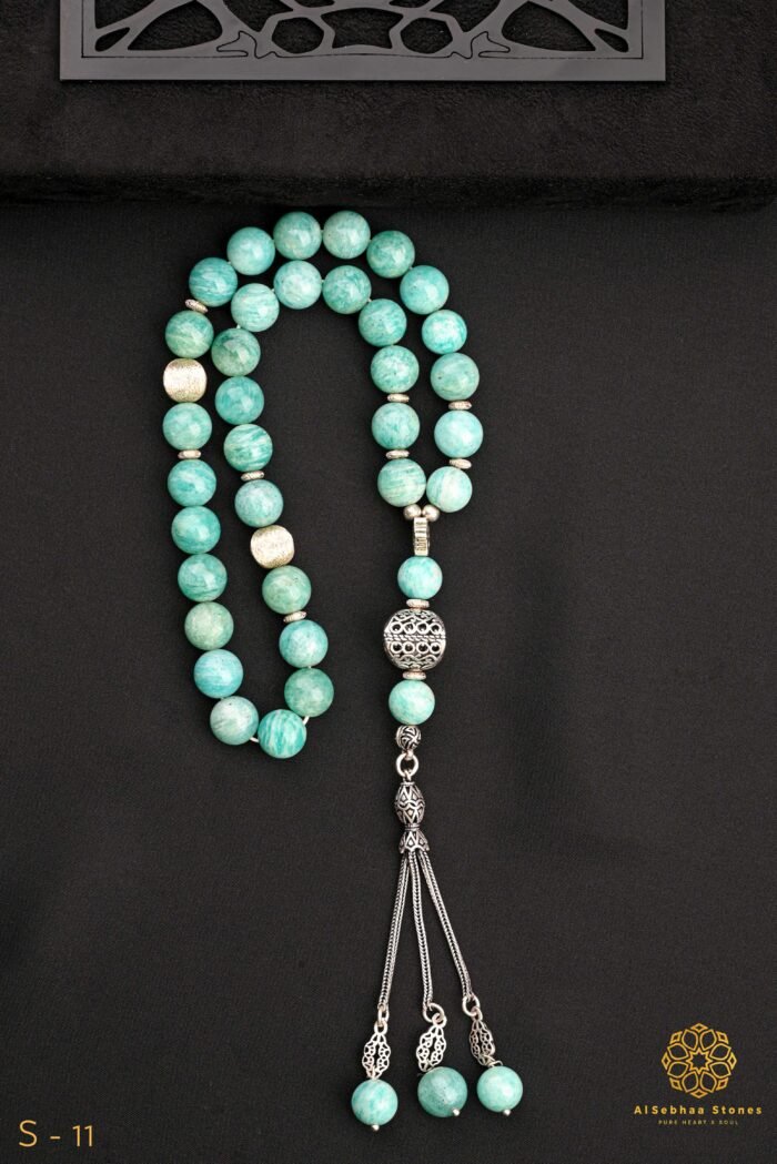 Rosary made of high quality natural Amazonite stone Amazonite is busy In Turkish silver , 925 caliber, size 10 mm, number of 33 beads