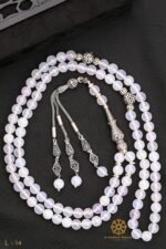 A rosary made of 99 beads made of pure white agate (Agate) stone. Size 8. Milli inlaid with Turkish silver , 925 caliber