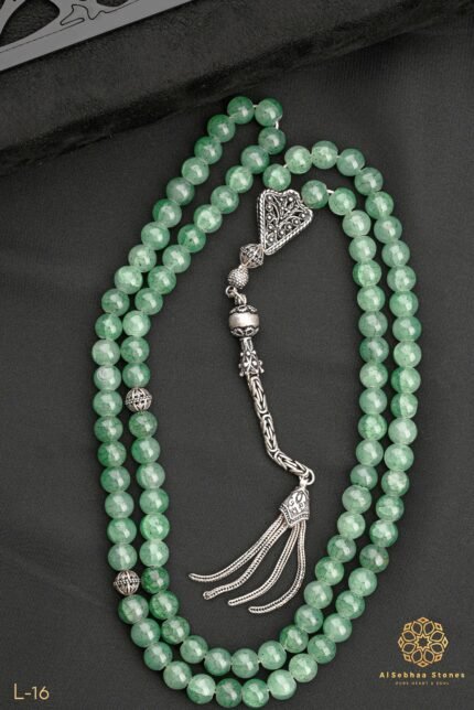 rosary 99 of aventurine (Green avantoren), size 8 mm, inlaid with Turkish silver , 925 caliber.