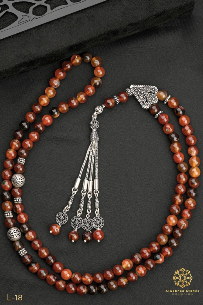 Ottoman Rosary, 99 grains, made of pure liver agate stone (Agate), size 8mm, inlaid with silver, Turkish 925.