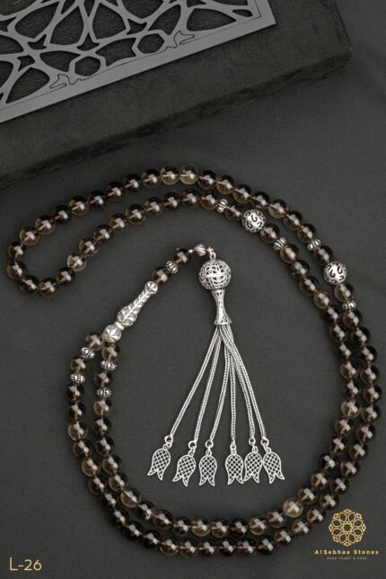 Rosary made of pure smokey topaz stone, size 8 mm, 99 beads, inlaid with Turkish silver, spacers, cities, and pendant, 925 caliber.