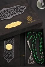 An Ottoman rosary with an Islamic heritage character. A rosary made of Tiger Eye stone and a pure green color charm ... 8 mm , 99 beads, inlaid with distinctive Turkish silver, 925 caliber.